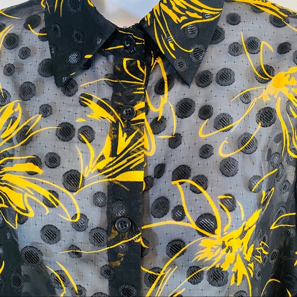 Vintage Black & Gold Sheer Polka Dot & Floral Print Blouse Size M - Picture 4 of 9